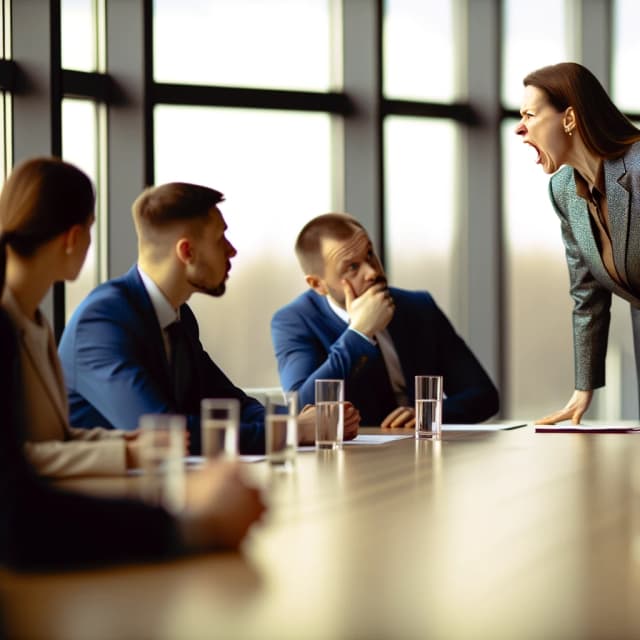 Female leader yelling at a group of people in a meeting