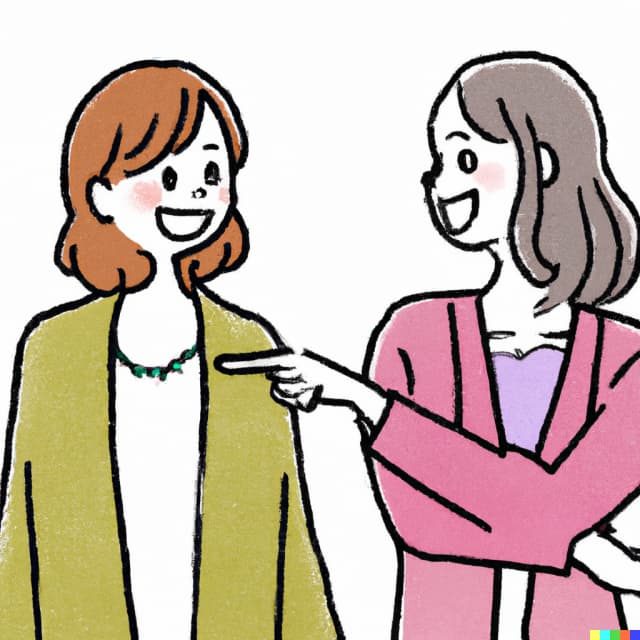 Illustration of a woman pointing and smiling at another woman