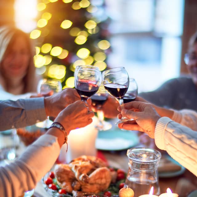 Guests toasting at Thanksgiving dinner